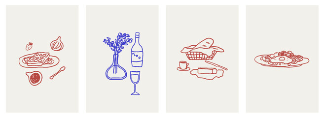 La dolce vita breakfast doodles placard or poster. Vector illustration of food and coffee in chalk, crayon drawing style. Minimalist wall art prints decor. Illustration for invitations, menus design.