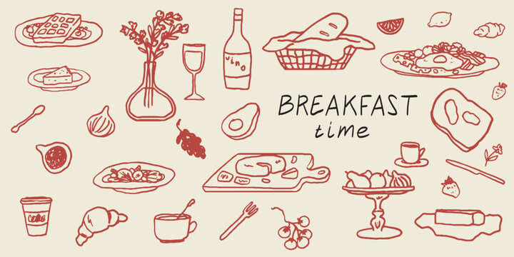 Hand drawn chalk food illustrations set. Sketch style breakfast, lunch icons. Wine glass, coffee, croissant, cheese and bread drawings for invitations, menus and parties. La dolce vita italian style.