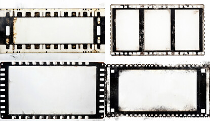 A blank white movie film strip with frames on the left side and empty space for text in the center, vintage look, black border, white background
