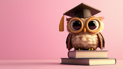 Whimsical Cartoon Owl in Graduation Hat Surrounded by Books