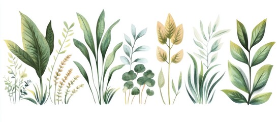 Watercolor illustration of prehistoric tropical plants including leaves grass and bushes Suitable for nursery decor stickers and notebook prints