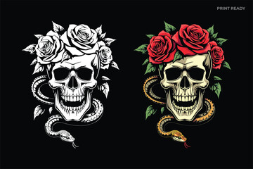 A skull with flowers illustration in hand-drawn style