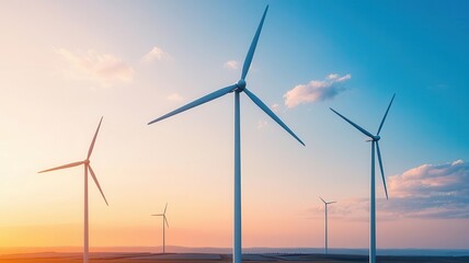 Fototapeta premium Wind farm with solar panels integrated into the landscape, renewable energy synergy, long-term green energy