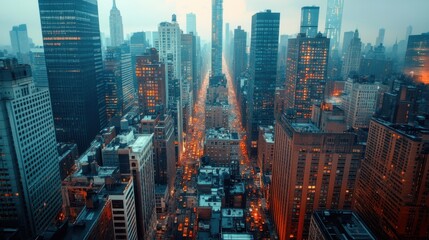A sweeping high-angle view of a bustling cityscape at twilight, with glowing skyscrapers and busy streets below, capturing the energy of urban life
