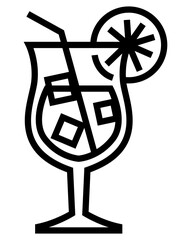 line art glass of juice with straw and ice cubes. Outline illustration.