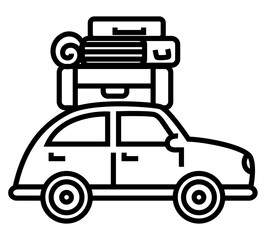 Traveling vehicle with baggage on top. Travel car line art illustration.
