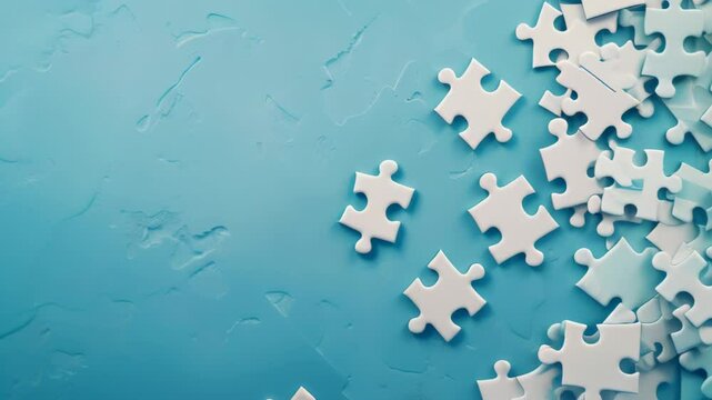 Scattered white and blue puzzle pieces on a textured turquoise background. The image symbolizes problem-solving, creativity, and the process of assembling ideas. 