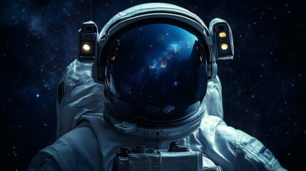 Close-up of an astronaut's helmet reflecting a galaxy of stars against a dark starry background.
