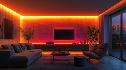 home lighting design, rgb led strip lights softly illuminate the walls, creating a cozy ambience in the modern living room, welcoming and inviting