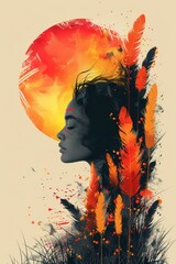 Fototapeta premium An abstract illustration of a womans profile with feathers and a setting sun