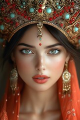 Closeup of a woman in ornate traditional attire intense gaze, intricate makeup and headpiece with vibrant red accents