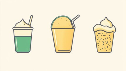 A collection of simple, modern web icons depicting various breakfast drinks and desserts in vibrant colors for digital design