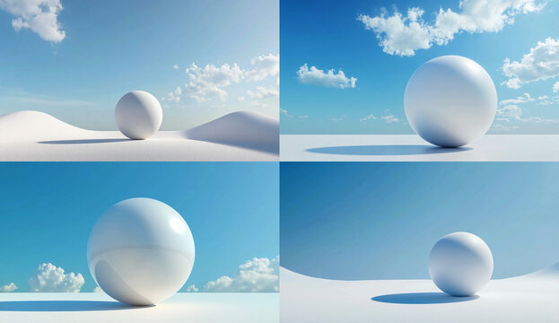 A white sphere floating in the air with a blue sky background