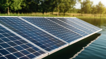 Floating solar panels on a conservation lake, natural energy generation, water conservation