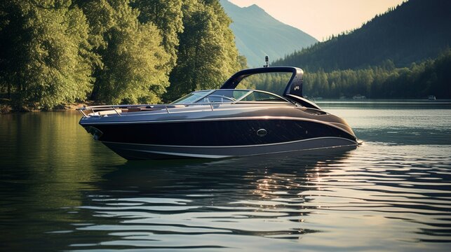 A photo of a contemporary bowrider boat on a river