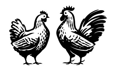 Rooster and hen for poultry farm industry. Hand drawn black and white emblem vector illustration
