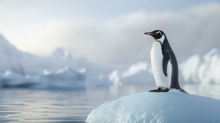 Fototapeta premium Gentoo penguin on an iceberg, set against the backdrop of calm Antarctic waters and a clear sky, highlighting the serene and majestic nature of the polar regions.