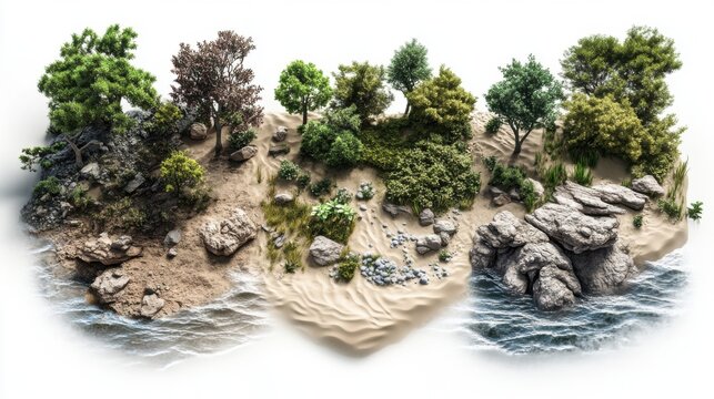 Various non-living components of the abiotic environment: air, sand, and rivers.