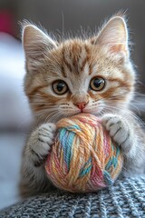 Playful kitten intently focused on a colorful yarn ball, poised to pounce