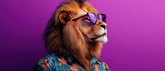 Naklejka premium Portrait of a lion in glasses and a Hawaiian shirt, set against a plain purple background, quirky and stylish