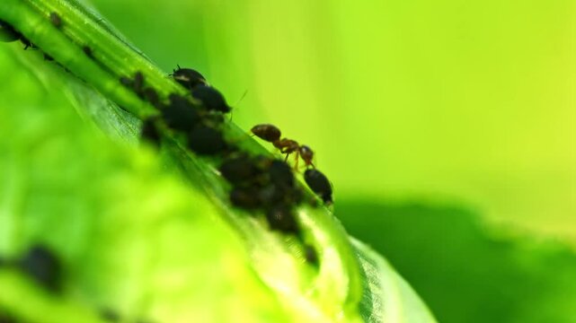 Ant harvests honeydew from aphids on a willow in Magdeburg - Saxony Anhalt - Germany - Europe