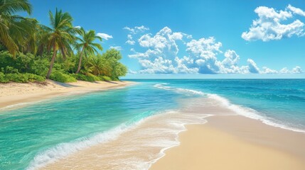 Naklejka premium A tropical beach with calm, turquoise waters, soft white sand, and palm trees, creating the perfect beach setting
