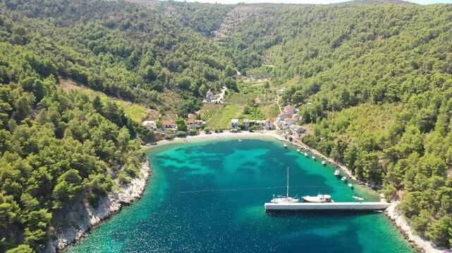 Aerial View of Stiniva Cove, Brusje, Hvar Island, Croatia. The aerial view of Stiniva Beach, a hidden gem on the island of Hvar, Croatia, Europe. 