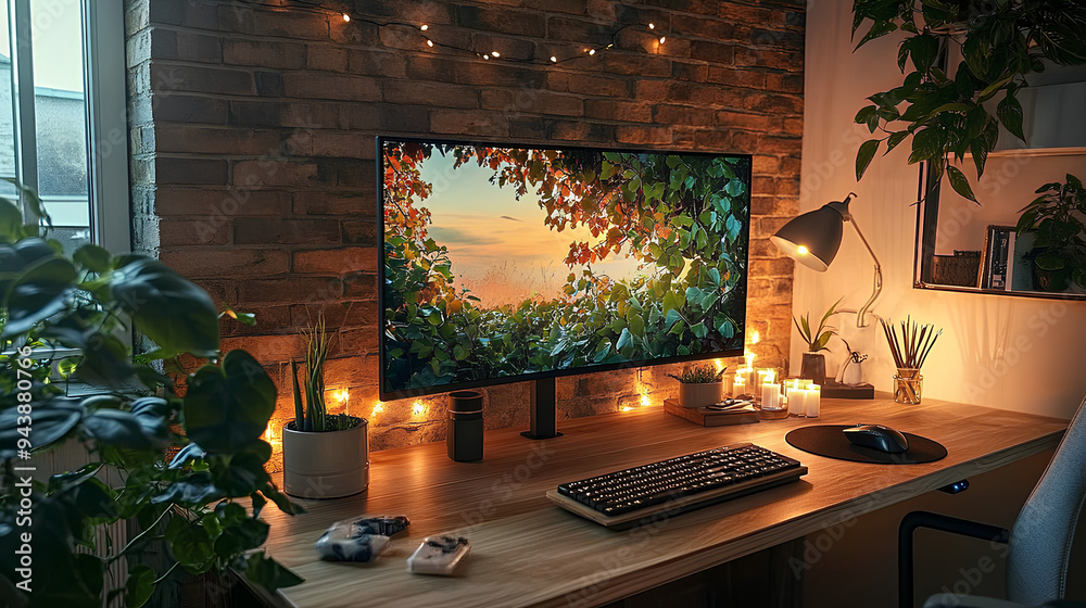 Wall mural Cozy ergonomic workspace with large monitor on wooden desk soft LED lighting and calming earth tones in product photography

