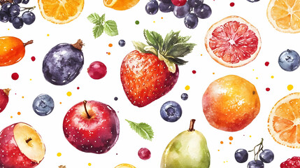 3D Icon as Watercolor tiles seamless background featuring fruits and vegetables for World Food Day concept as Camera movement Slow zoom into the detailed watercolor tiles. Scene A colorful array of fr