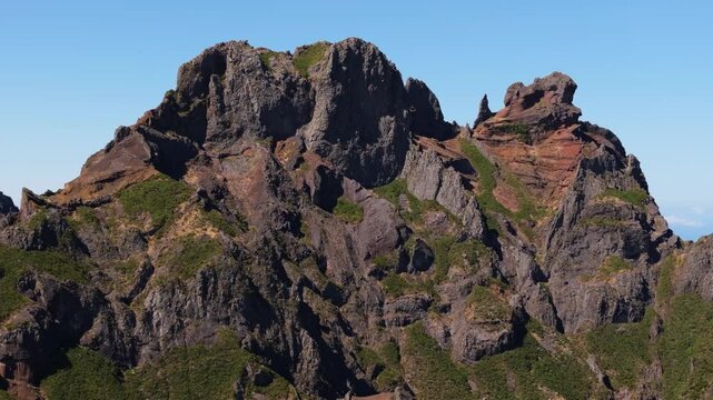 Drone Orbits Above Mountain Peak on Pico do Arieiro to Pico Ruivo Hike. Madeira, Portugal