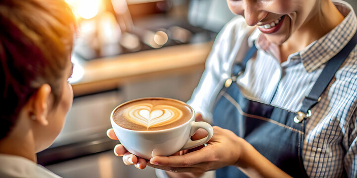 Barista making a latte art heart while chatting with a customer concept as A candid shot of a barista creating a heart shape with latte art while engaging in friendly conversation with a customer. The