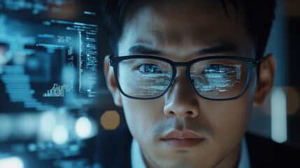 The man studying computer code