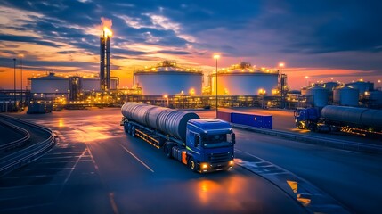 A vibrant sunset scene depicts a truck transporting goods near an industrial area with gas tanks and bright lights.