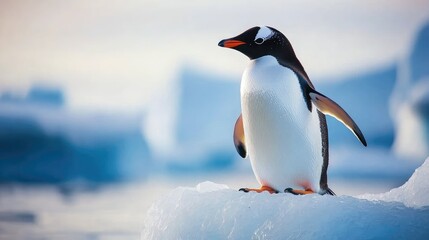 Obraz premium Gentoo penguin standing proudly on an iceberg, surrounded by the icy waters of Antarctica, under a clear sky, capturing the serene and majestic beauty of nature.
