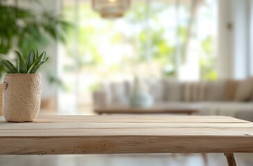 Wooden Table with a Green Plant in the Foreground and Blurred Interior in the Background