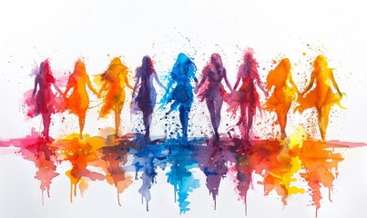 A colorful celebration unfolds as groups of joyful dancers join hands, splashed with vivid hues of blue, orange, and pink. Their energy radiates delight and togetherness during the Holi festival