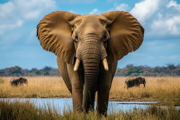 Naklejka premium Close-up of an African Elephant with Tusks Standing in a Meadow