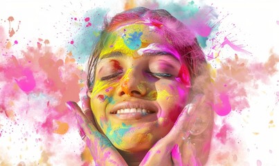 Brilliant splashes of color envelop a joyful participant celebrating Holi, embodying the spirit of spring and togetherness through vibrant hues and smiles