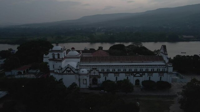 Chiapa de Corzo catholic church next to river in Chiapas, Mexico town, aerial