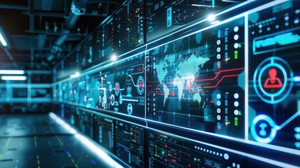 Futuristic digital data center with glowing virtual screens, data visualization, and high-tech interface in a server room.