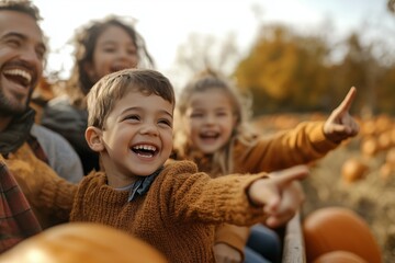 Obraz premium Joyful family outing at a pumpkin patch with children enjoying the autumn day and picking pumpkins in the countryside