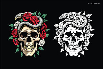 A skull with flowers illustration in hand-drawn style