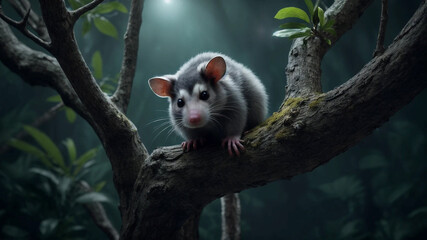 A Small White and Gray Rodent with Large Dark Eyes and Pinkish Feet Perched on a Moss-Covered Tree Branch in a Dimly Lit Forest with Mist, Creating an Ethereal and Serene Atmosphere.