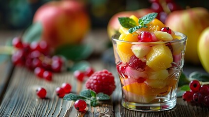 A colorful fruit salad in a small glass on an oak table with yellow apples and pink berries