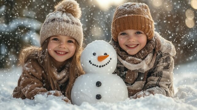 Two children are engaged in making a snowman on a sunny winter day.