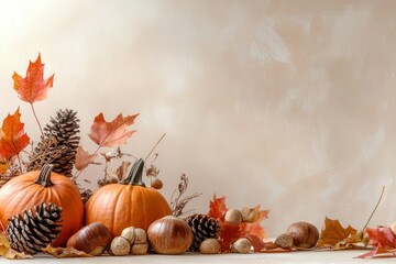 Autumnal Still Life with Pumpkins, Pinecones, and Maple Leaves