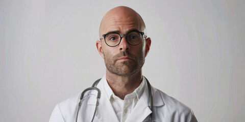 Fototapeta premium A bald doctor with glasses and a stethoscope looks at the camera