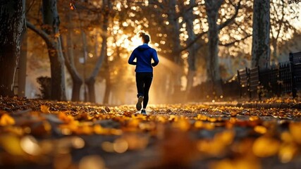a woman running in a deciduous forest as the sun is about to set footage