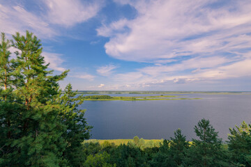 Summer view scene from the high right river bank of Dnipro river near Kyiv. Vytachiv. Ukraine.