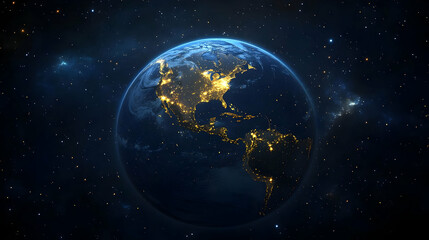 Fototapeta premium Earth at night with stars and city lights of North and South America.